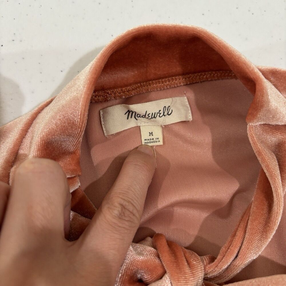 Madewell Velvet Tie Neck Top Women M Peachy Coral Pink Preppy Romantic - Picture 5 of 9